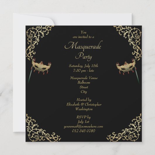 Gold Flourishes Ruby Mask Black Masquerade Party Kaart (Achterkant)