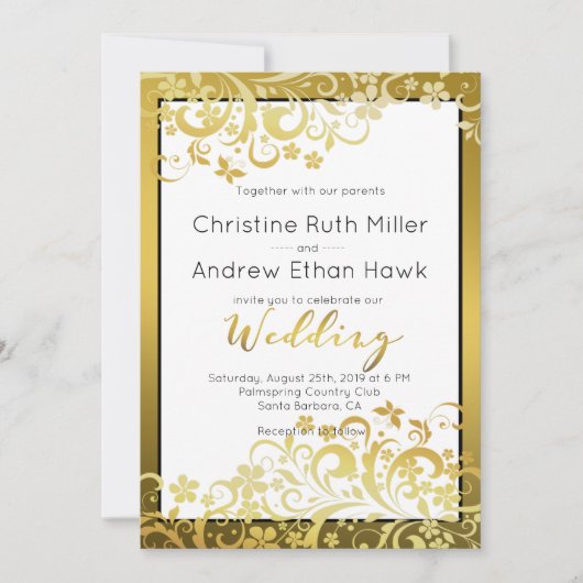 Gold Flourishing Floral Modern Wedding Invitation Kaart (Voorkant)