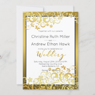 Gold Flourishing Floral Modern Wedding Invitation Kaart
