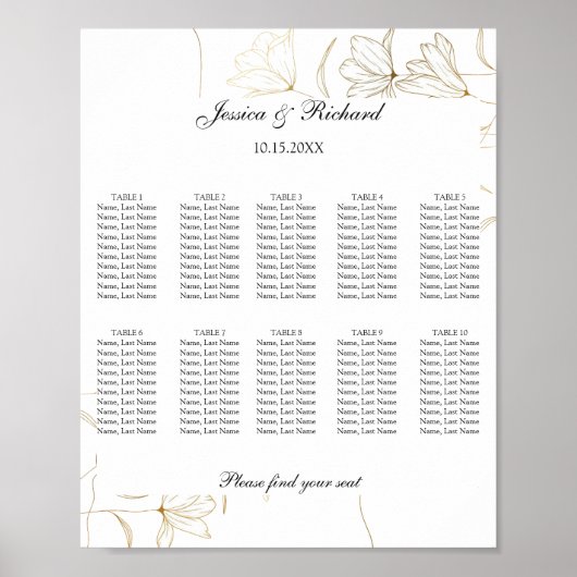 Gold Flower 10 Tables Seating Chart Poster (Voorkant)
