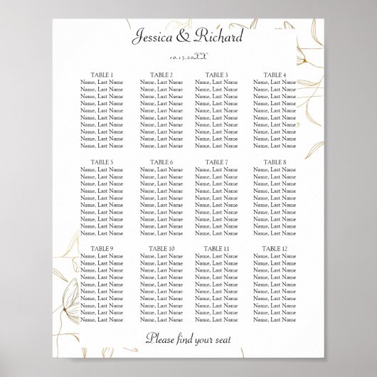 Gold Flower 12 Tables Seating Chart Poster Sign (Voorkant)
