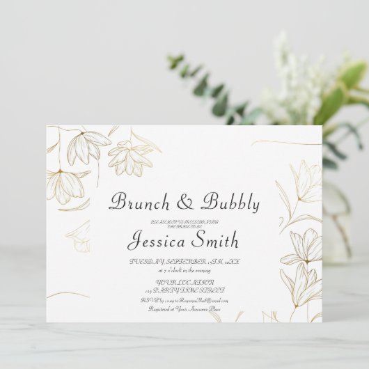 Gold Flower Brunch en Bubble Invitation Kaart (Staand voorkant)