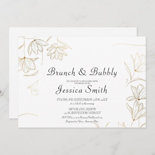 Gold Flower Brunch en Bubble Invitation Kaart (Voorkant / Achterkant)