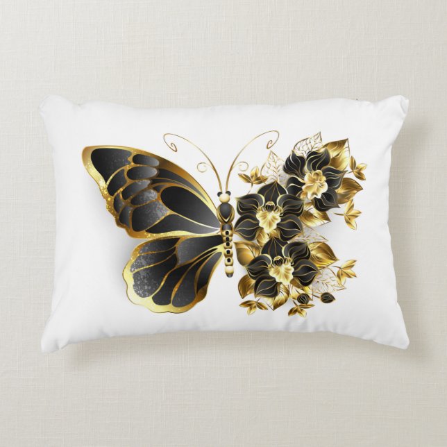 Gold Flower Butterfly met Black Orchid Accent Kussen (Voorkant)