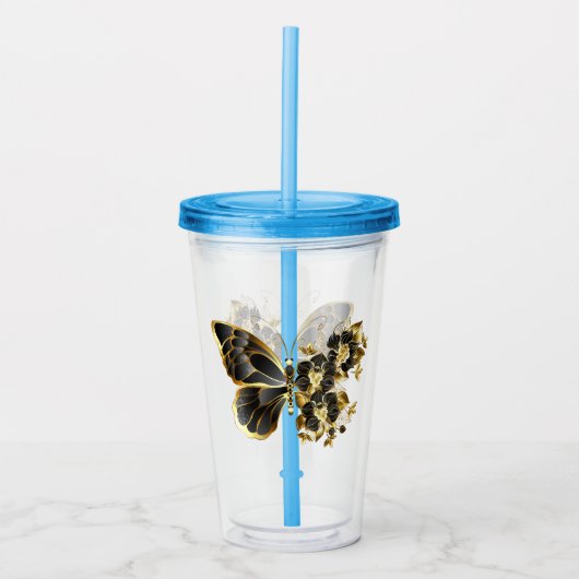 Gold Flower Butterfly met Black Orchid Acryl Drinkbeker (Voorkant)