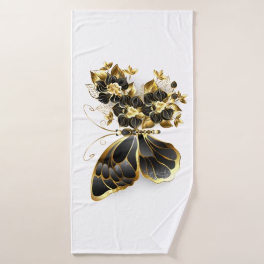 Gold Flower Butterfly met Black Orchid Badhanddoek (Badhanddoek)