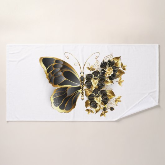 Gold Flower Butterfly met Black Orchid Badhanddoek (Badhanddoek)