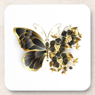 Gold Flower Butterfly met Black Orchid Bier Onderzetter