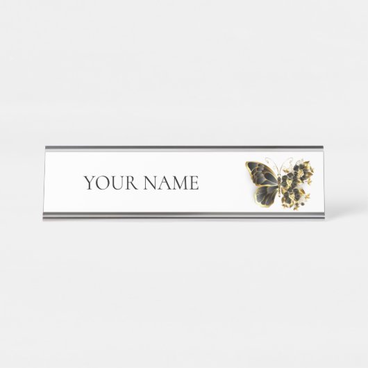 Gold Flower Butterfly met Black Orchid Bureau Naambordje (Voorkant)