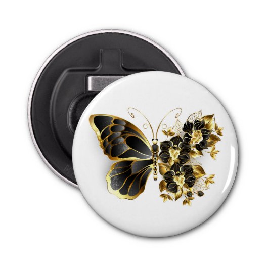 Gold Flower Butterfly met Black Orchid Button Flesopener (Voorkant)