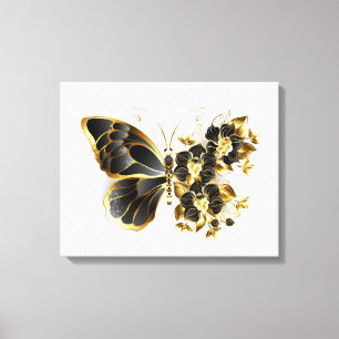 Gold Flower Butterfly met Black Orchid Canvas Afdruk