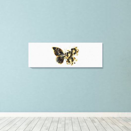 Gold Flower Butterfly met Black Orchid Canvas Afdruk (Insitu (Houten vloer))
