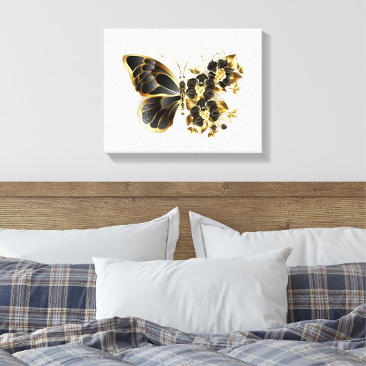 Gold Flower Butterfly met Black Orchid Canvas Afdruk (Insitu (Slaapkamer))