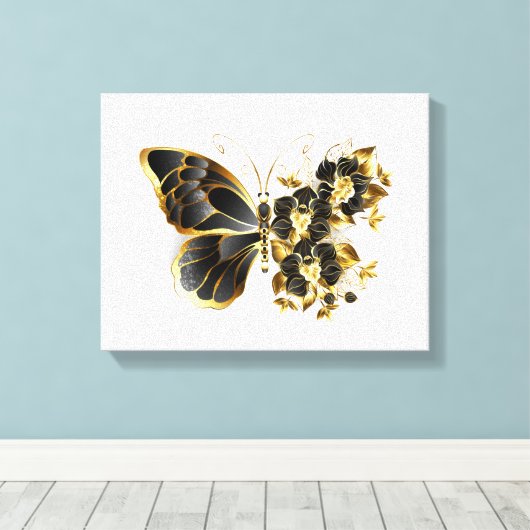 Gold Flower Butterfly met Black Orchid Canvas Afdruk (Insitu (Houten vloer))