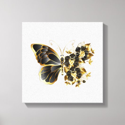 Gold Flower Butterfly met Black Orchid Canvas Afdruk (Voorkant)