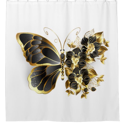 Gold Flower Butterfly met Black Orchid Douchegordijn (Voorkant)