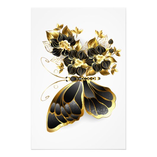 Gold Flower Butterfly met Black Orchid Foto Afdruk (Voorkant)