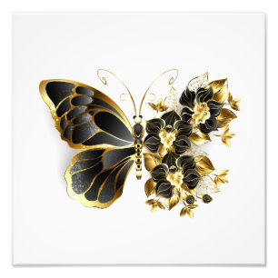 Gold Flower Butterfly met Black Orchid Foto Afdruk