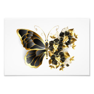 Gold Flower Butterfly met Black Orchid Foto Afdruk