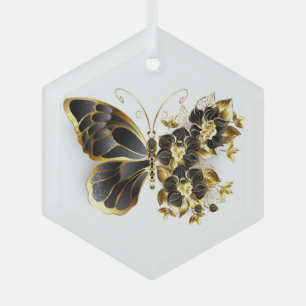 Gold Flower Butterfly met Black Orchid Glas Ornament