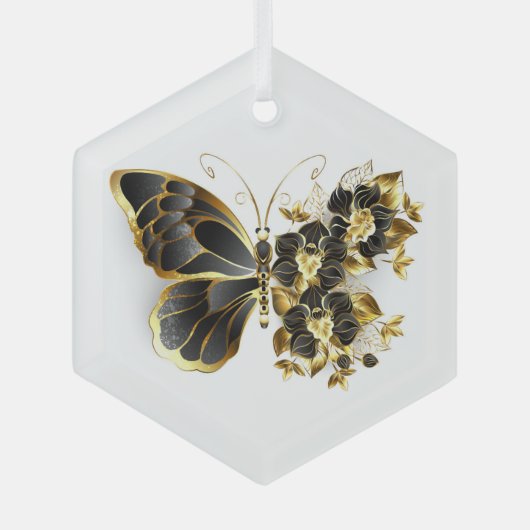 Gold Flower Butterfly met Black Orchid Glas Ornament (Voorkant)
