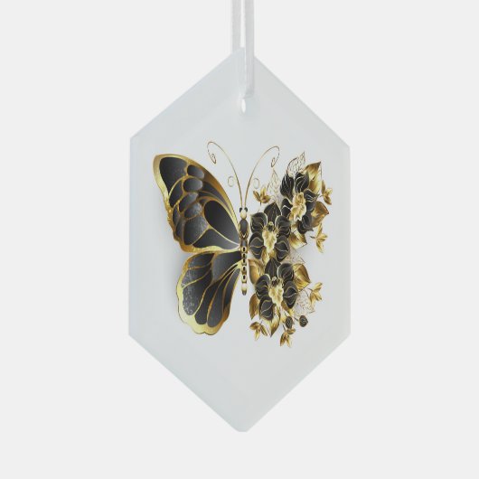 Gold Flower Butterfly met Black Orchid Glas Ornament (Voorkant Rechts)