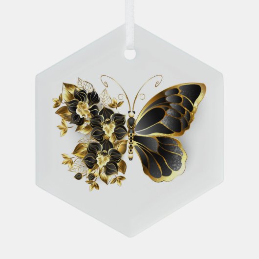 Gold Flower Butterfly met Black Orchid Glas Ornament (Achterkant)