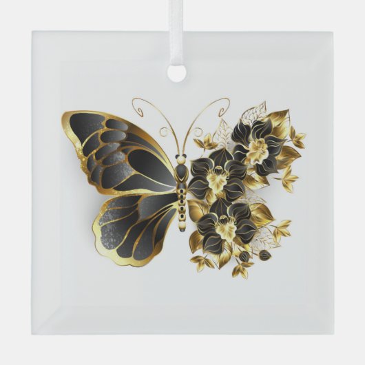 Gold Flower Butterfly met Black Orchid Glas Ornament (Voorkant)