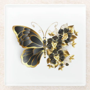 Gold Flower Butterfly met Black Orchid Glazen Onderzetter