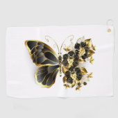 Gold Flower Butterfly met Black Orchid Golfhanddoek (Horizontaal)