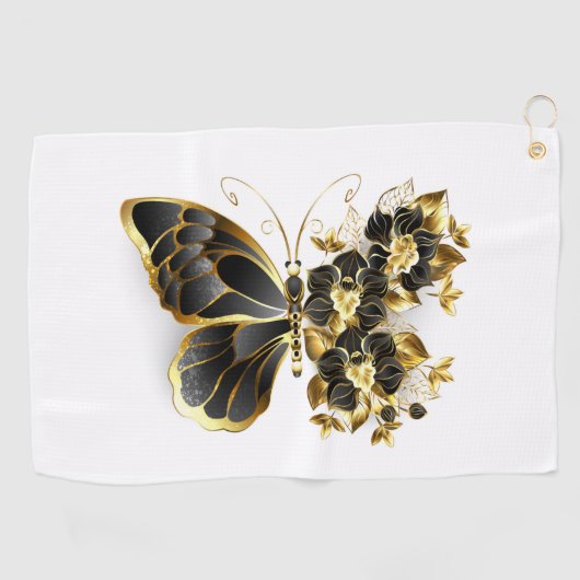 Gold Flower Butterfly met Black Orchid Golfhanddoek (Horizontaal)