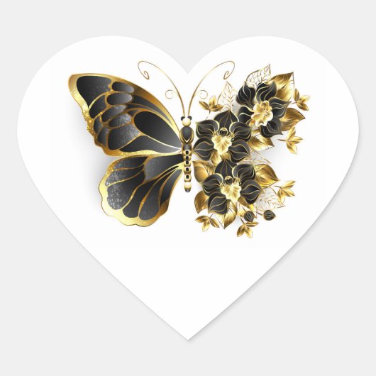 Gold Flower Butterfly met Black Orchid Hart Sticker (Voorkant)