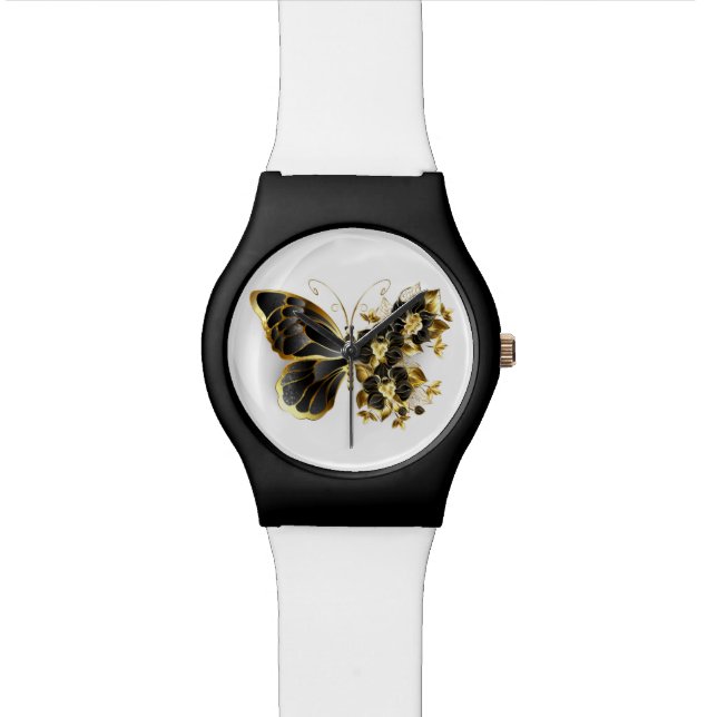 Gold Flower Butterfly met Black Orchid Horloge (Close Up)