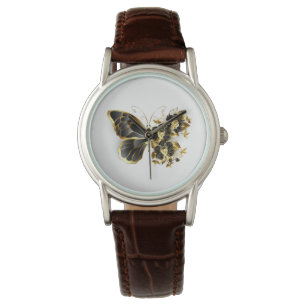 Gold Flower Butterfly met Black Orchid Horloge