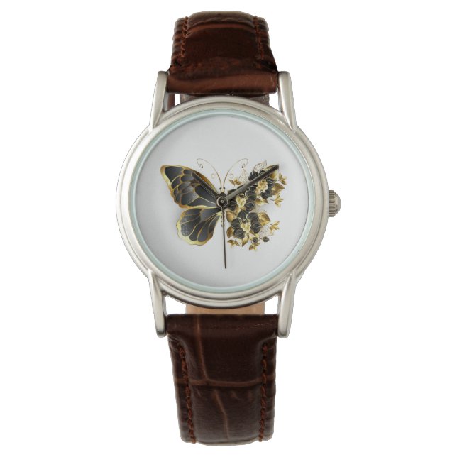 Gold Flower Butterfly met Black Orchid Horloge (Voorkant)