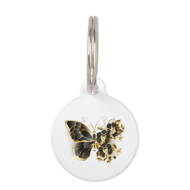 Gold Flower Butterfly met Black Orchid Huisdierpenning (Voorkant)