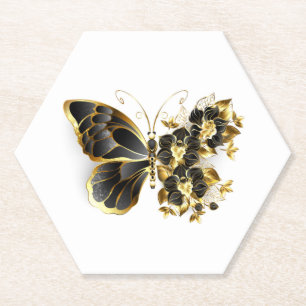 Gold Flower Butterfly met Black Orchid Kartonnen Onderzetters