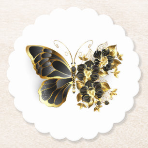 Gold Flower Butterfly met Black Orchid Kartonnen Onderzetters