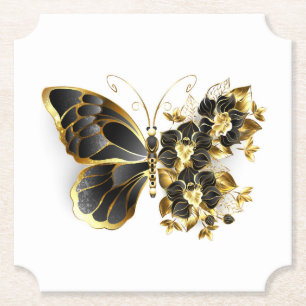 Gold Flower Butterfly met Black Orchid Kartonnen Onderzetters