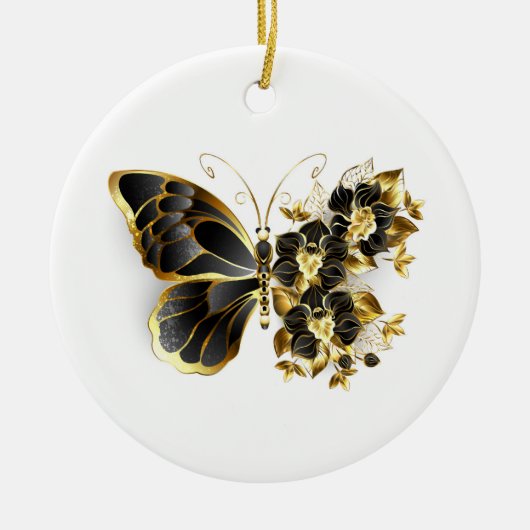 Gold Flower Butterfly met Black Orchid Keramisch Ornament (Voorkant)