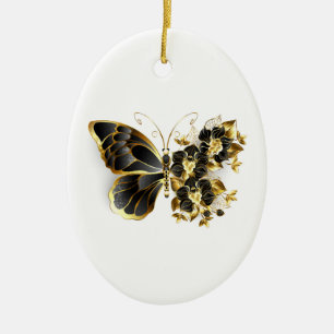 Gold Flower Butterfly met Black Orchid Keramisch Ornament