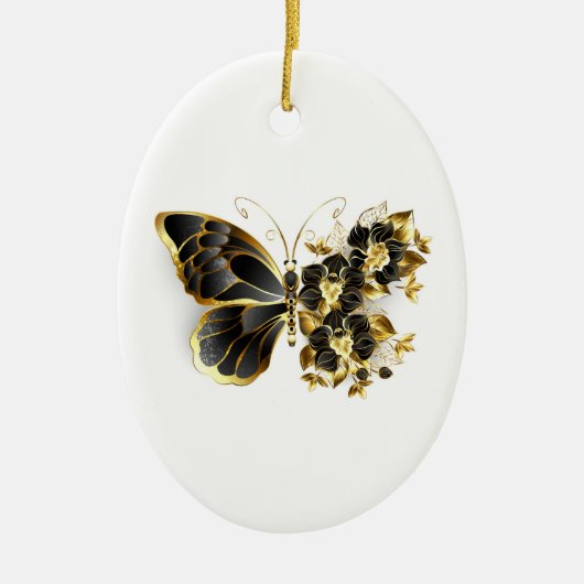 Gold Flower Butterfly met Black Orchid Keramisch Ornament (Voorkant)