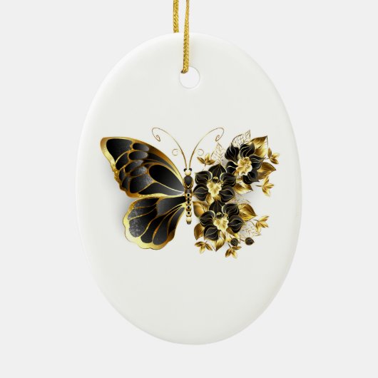 Gold Flower Butterfly met Black Orchid Keramisch Ornament (Achterkant)