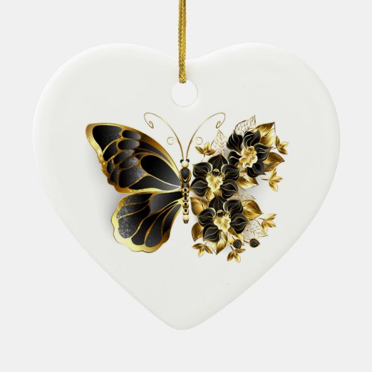 Gold Flower Butterfly met Black Orchid Keramisch Ornament (Achterkant)