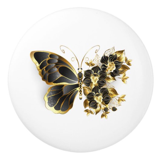 Gold Flower Butterfly met Black Orchid Keramische Knop (Voorkant)