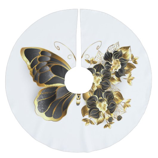 Gold Flower Butterfly met Black Orchid Kerstboom Rok (Voorkant)