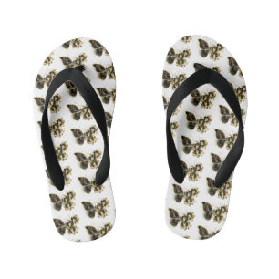 Gold Flower Butterfly met Black Orchid Kinder Teenslippers