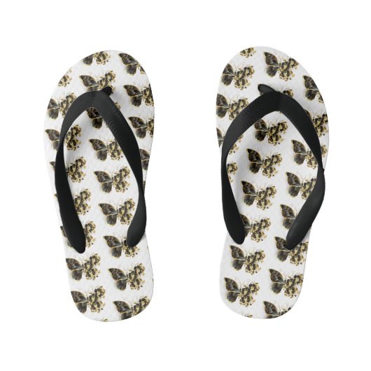 Gold Flower Butterfly met Black Orchid Kinder Teenslippers (Voetbed)