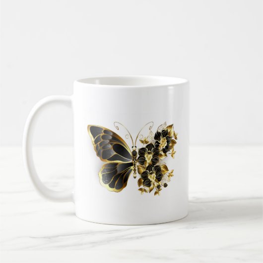 Gold Flower Butterfly met Black Orchid Koffiemok (Links)