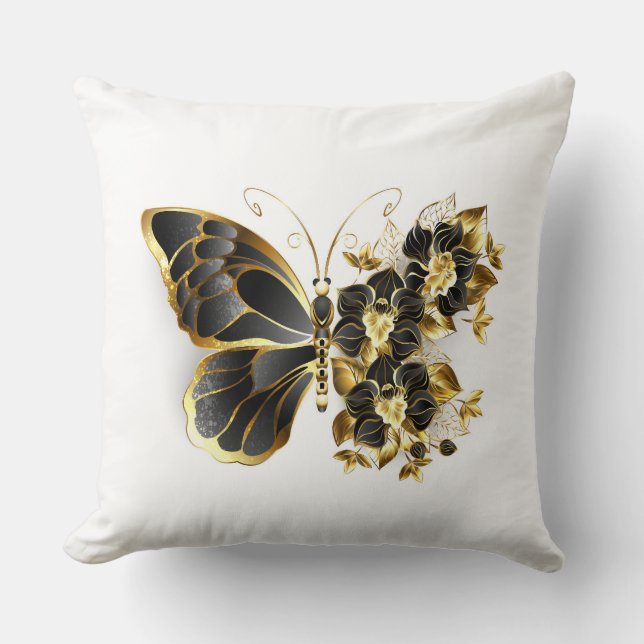 Gold Flower Butterfly met Black Orchid Kussen (Voorkant)